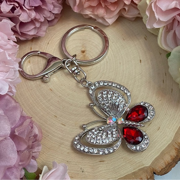 Silver and Ruby Red Crystal Butterfly Keychain Charm - Picture 10 of 16